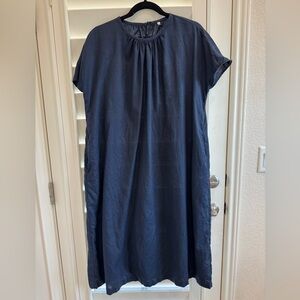 Muji French Sleeve 100% Linen Navy Blue Midi Dress - Size Small NWOT